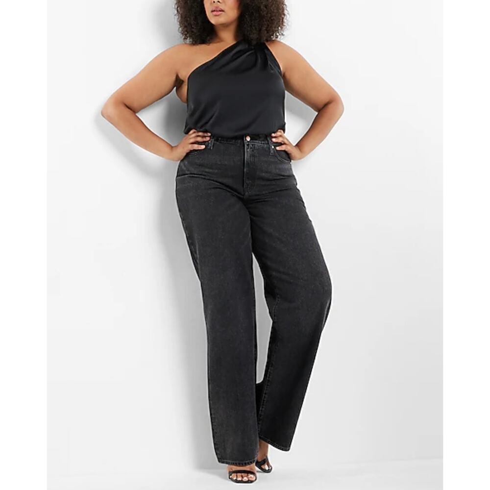 Express Woman Black High Waisted Washed Black Wide Leg Jeans, Size 14R